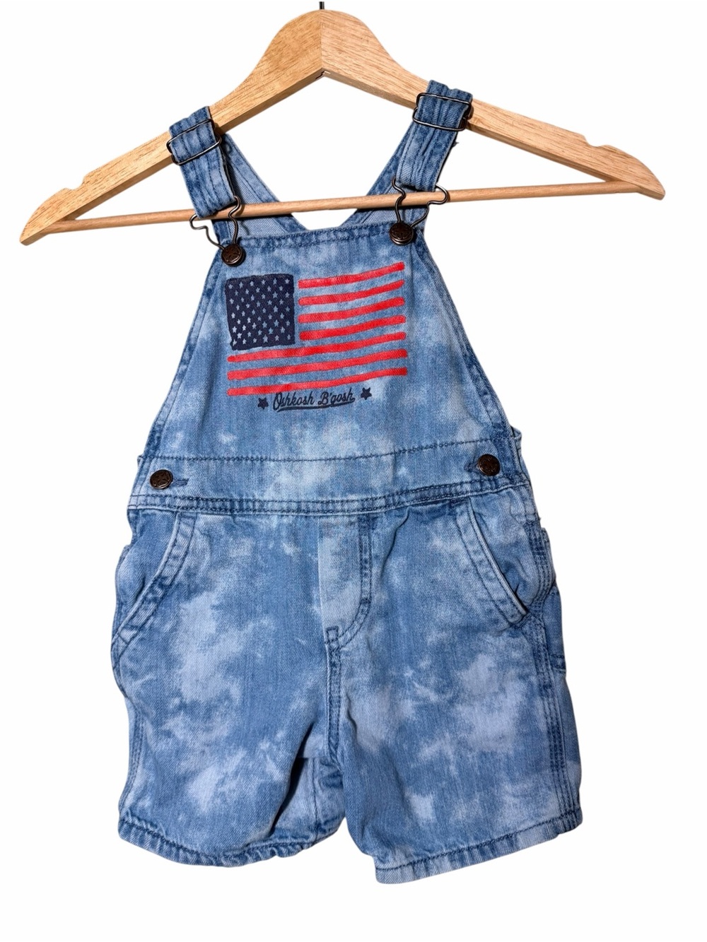 OshKosh B'gosh Acid-Wash Denim Short Overalls with Flag Patch Blue & Red
